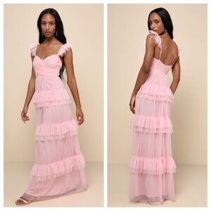 Lulus Pure Radiance Pink Mesh Swiss Dot Tiered Maxi Dress